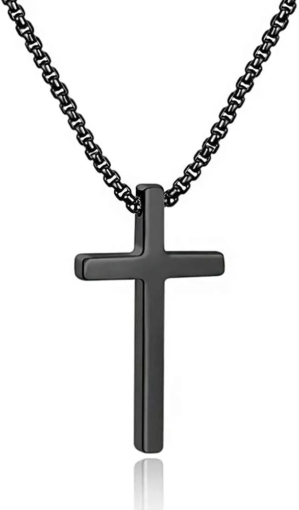 M MOOHAM Cross Necklace for Men, Silver Black Gold Stainless Steel Plain Cross Pendant Necklace for Men Box Chain 16-30 Inch