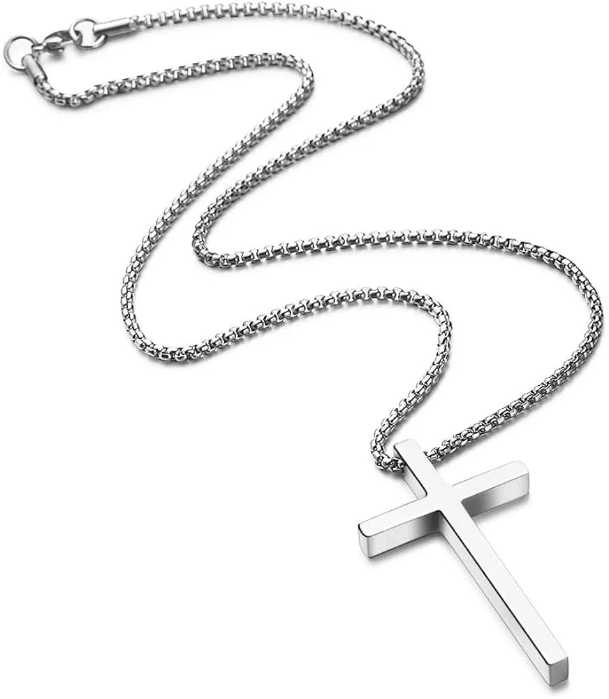 M MOOHAM Cross Necklace for Men, Silver Black Gold Stainless Steel Plain Cross Pendant Necklace for Men Box Chain 16-30 Inch