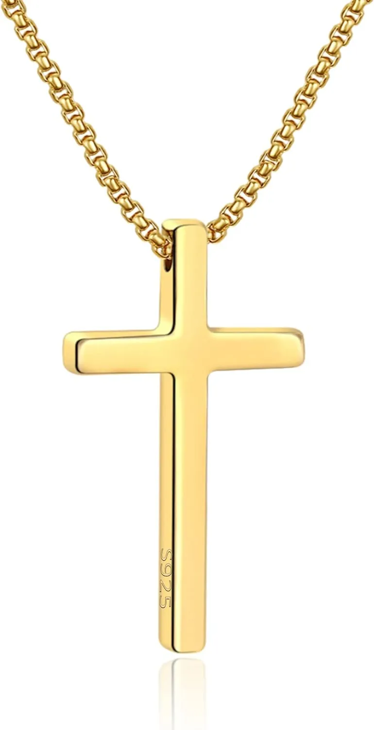 M MOOHAM Cross Necklace for Men, Silver Black Gold Stainless Steel Plain Cross Pendant Necklace for Men Box Chain 16-30 Inch