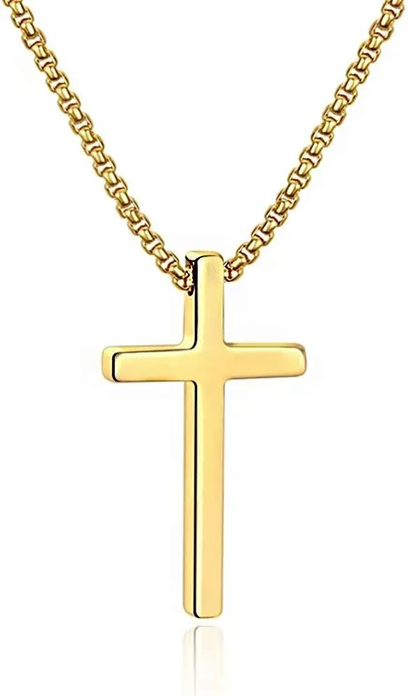 M MOOHAM Cross Necklace for Men, Silver Black Gold Stainless Steel Plain Cross Pendant Necklace for Men Box Chain 16-30 Inch