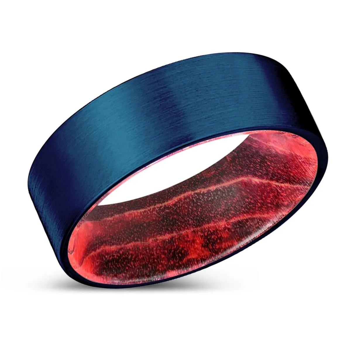 MAJOR | Black & Red Wood, Blue Tungsten Ring, Brushed, Flat