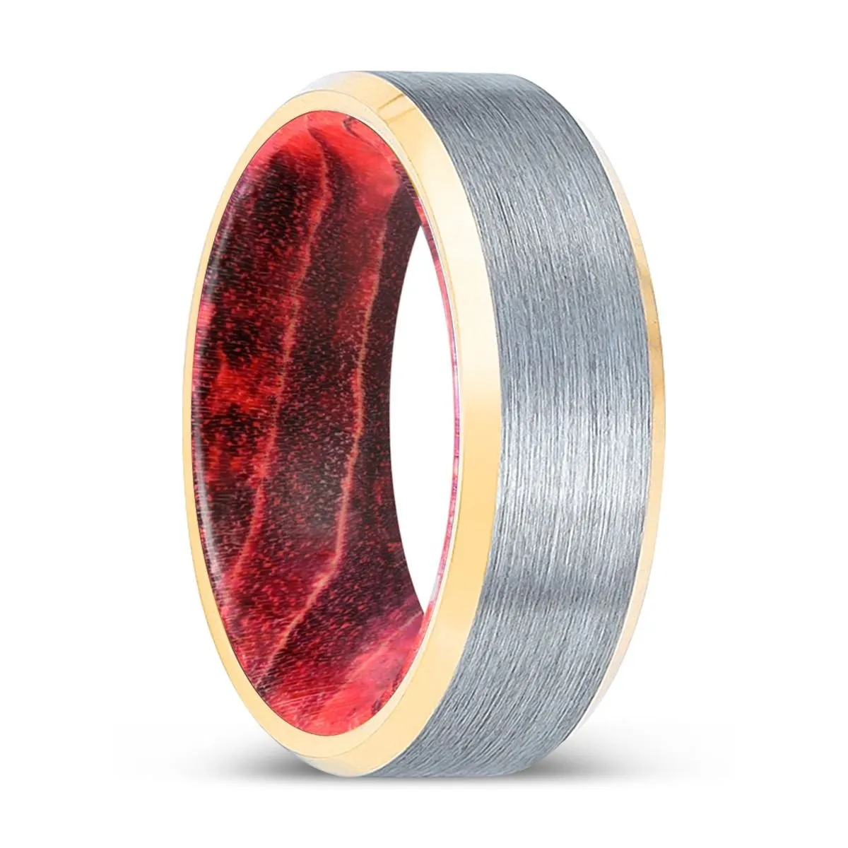 MANDO | Black & Red Wood, Brushed, Silver Tungsten Ring, Gold Beveled Edges