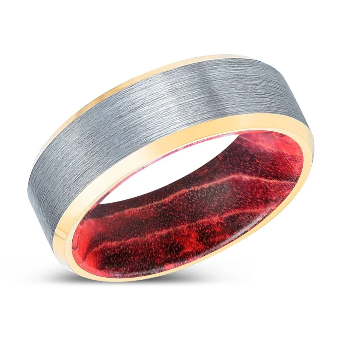 MANDO | Black & Red Wood, Brushed, Silver Tungsten Ring, Gold Beveled Edges