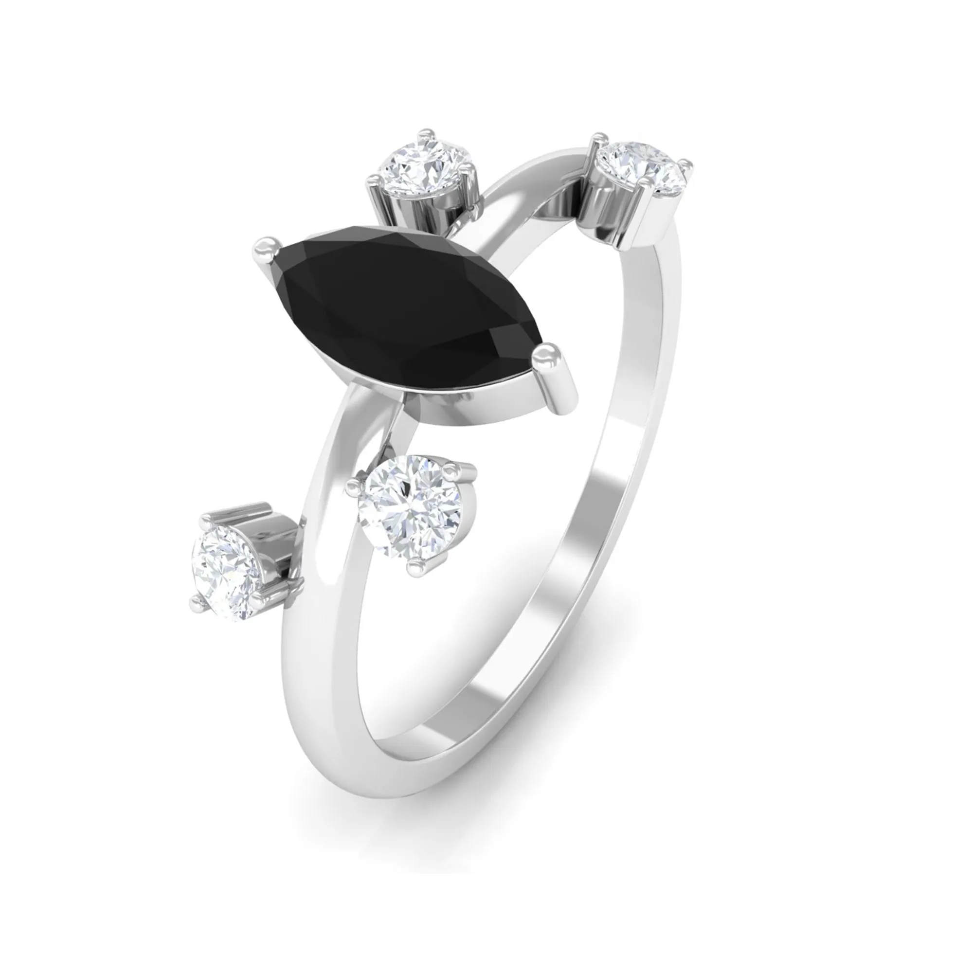 Marquise Cut Solitaire Black Spinel Ring with Scatter Diamond