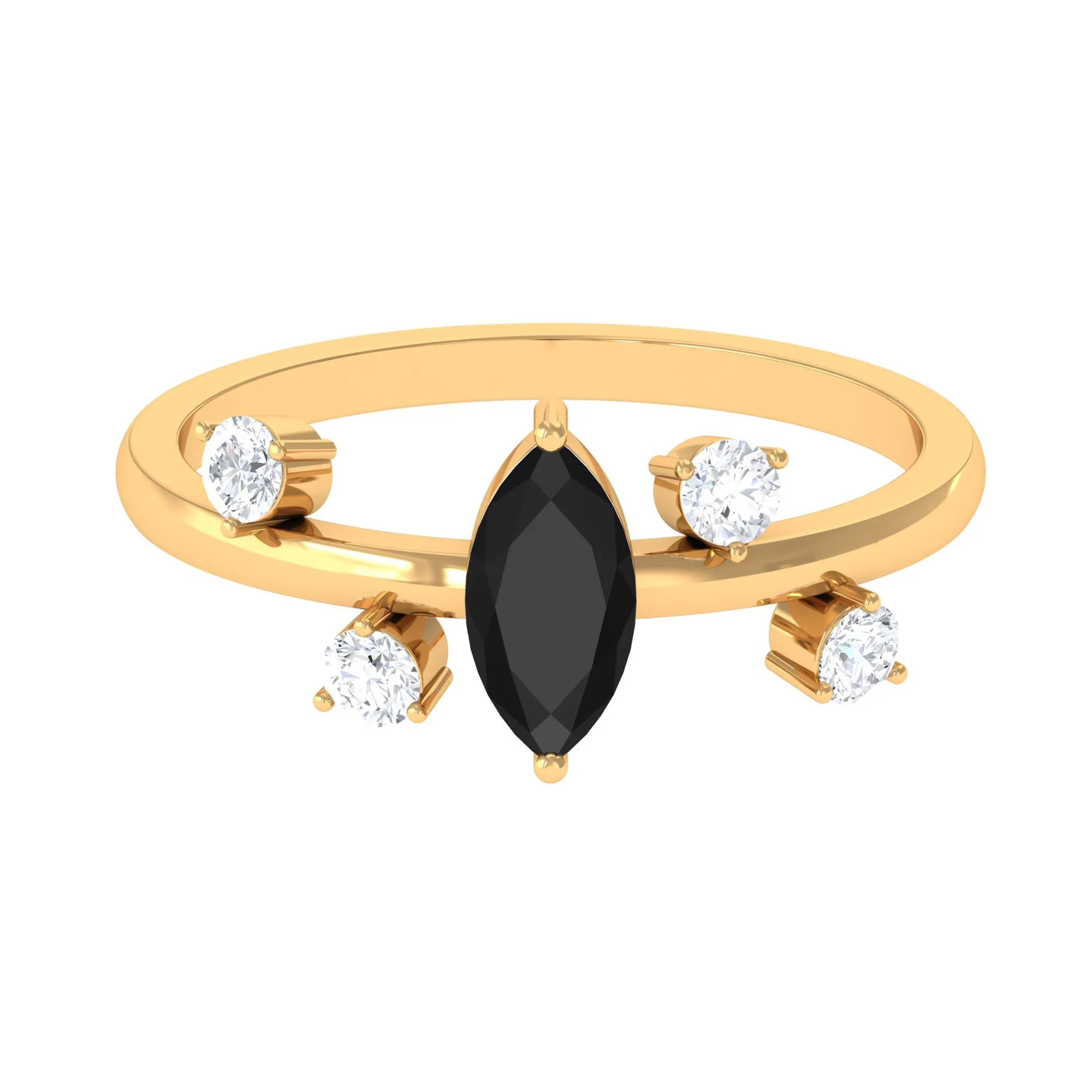 Marquise Cut Solitaire Black Spinel Ring with Scatter Diamond