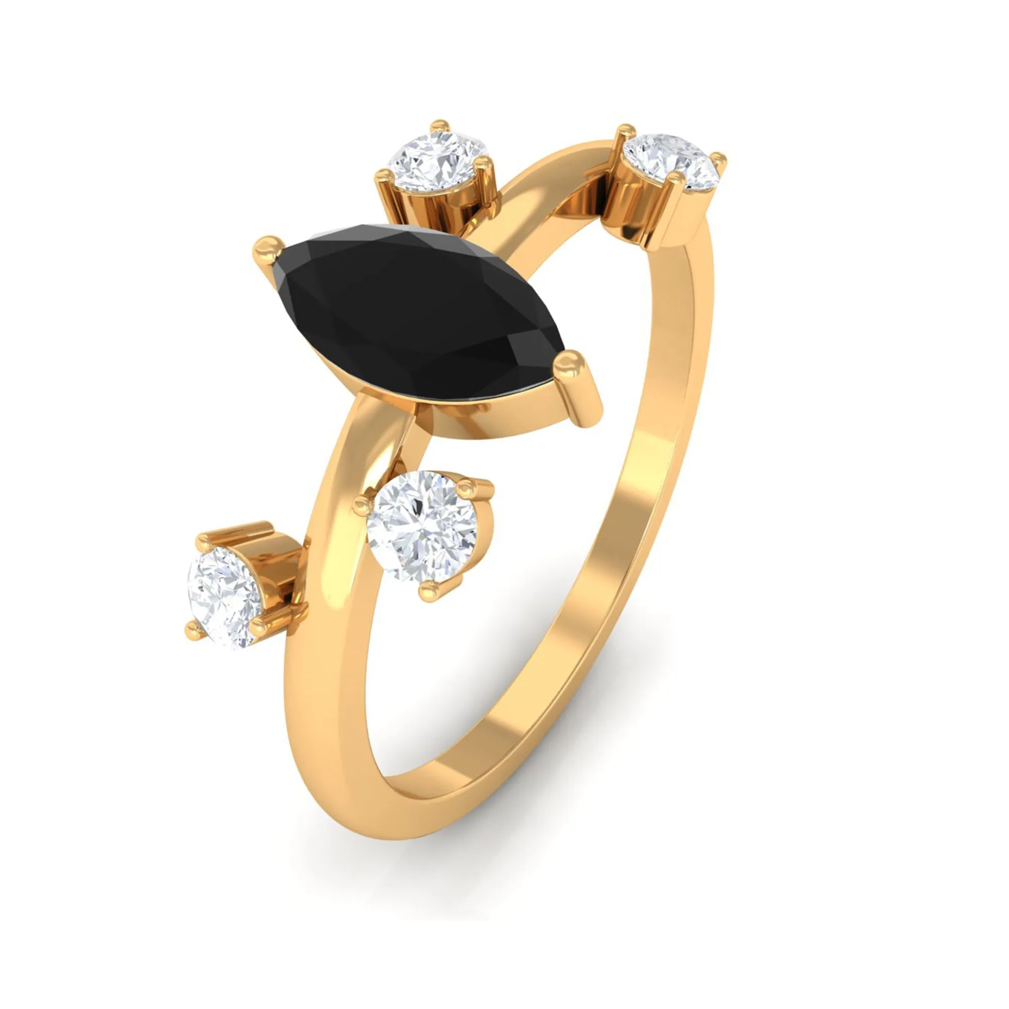 Marquise Cut Solitaire Black Spinel Ring with Scatter Diamond