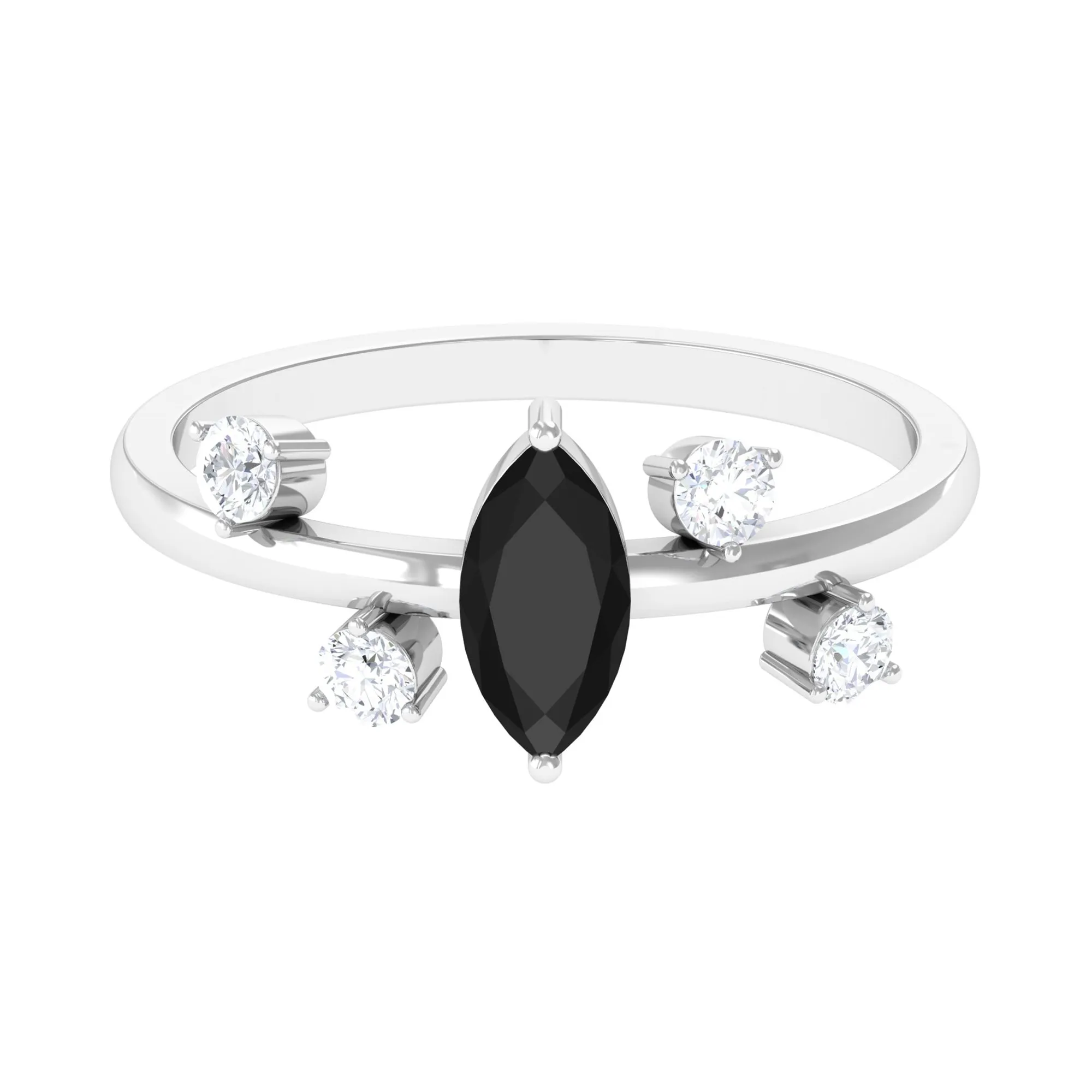 Marquise Cut Solitaire Black Spinel Ring with Scatter Diamond