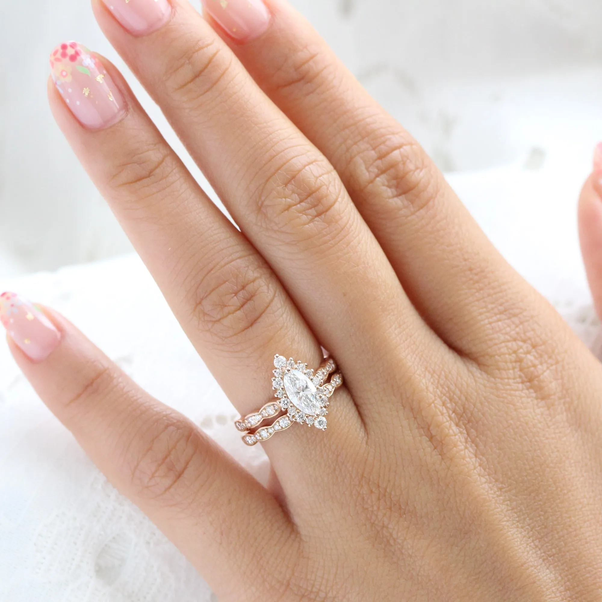 Marquise Diamond Halo Scalloped Ring w/ Lab Diamond and Matching Wedding Band