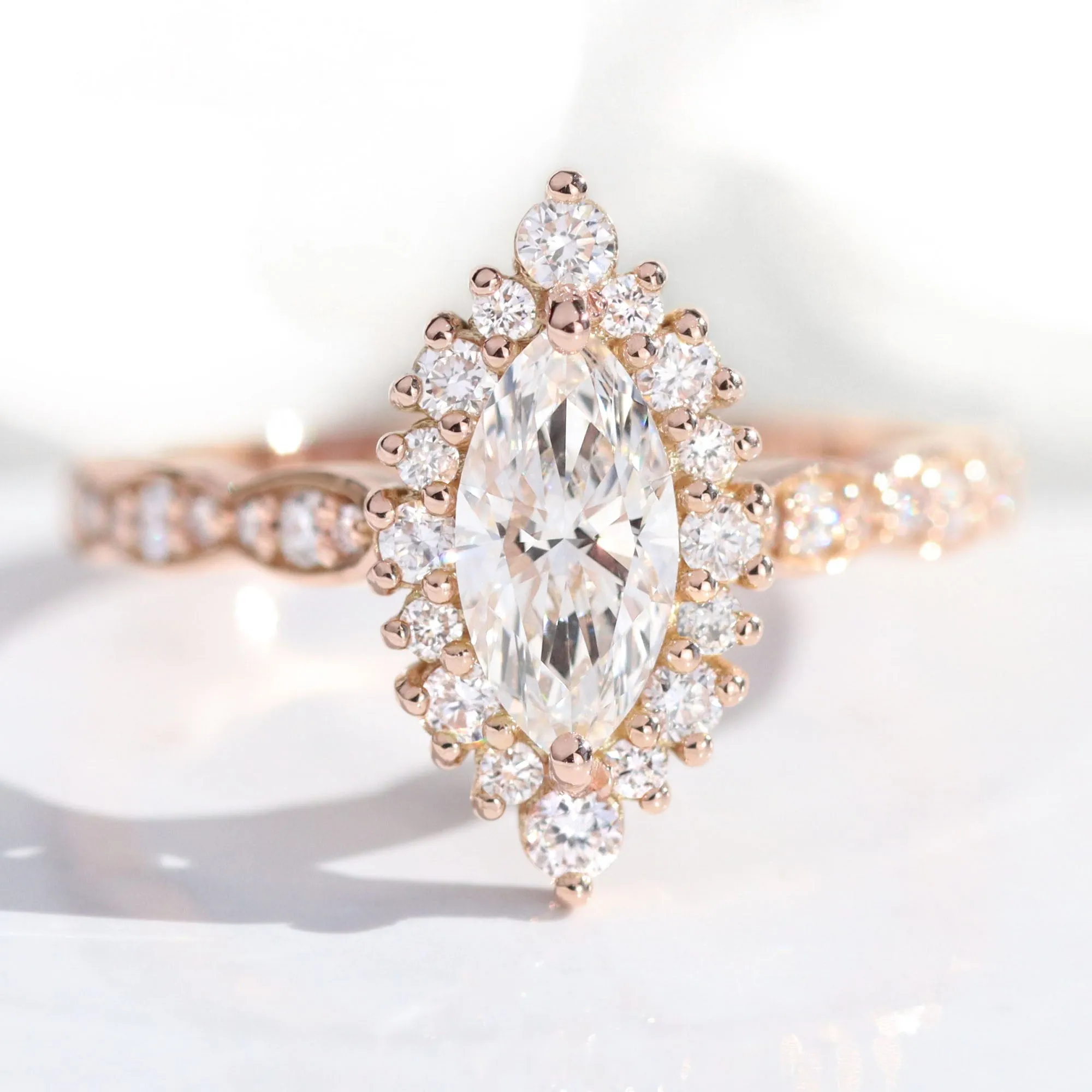 Marquise Diamond Halo Scalloped Ring w/ Lab Diamond and Matching Wedding Band