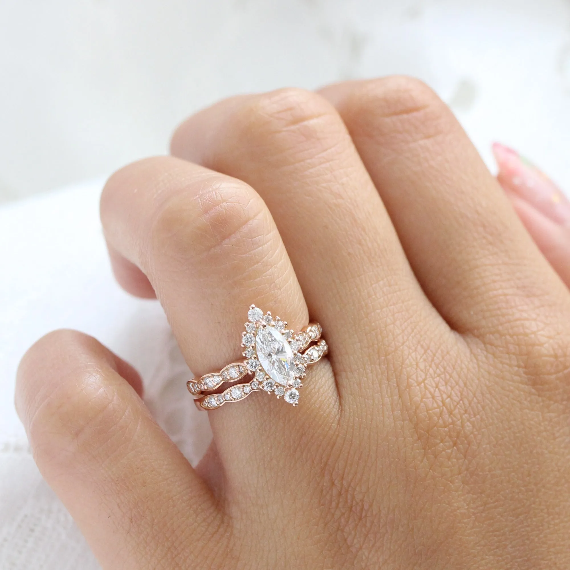 Marquise Diamond Halo Scalloped Ring w/ Lab Diamond and Matching Wedding Band