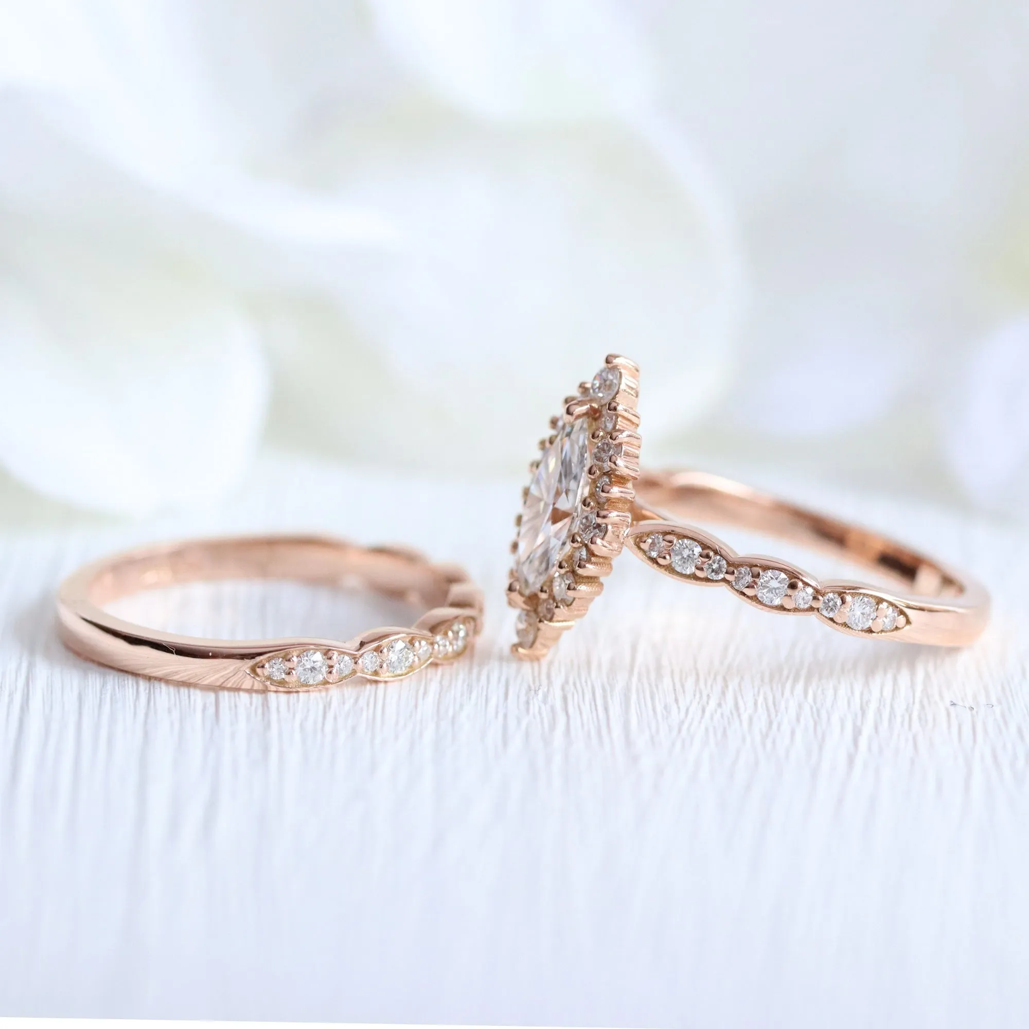 Marquise Diamond Halo Scalloped Ring w/ Lab Diamond and Matching Wedding Band