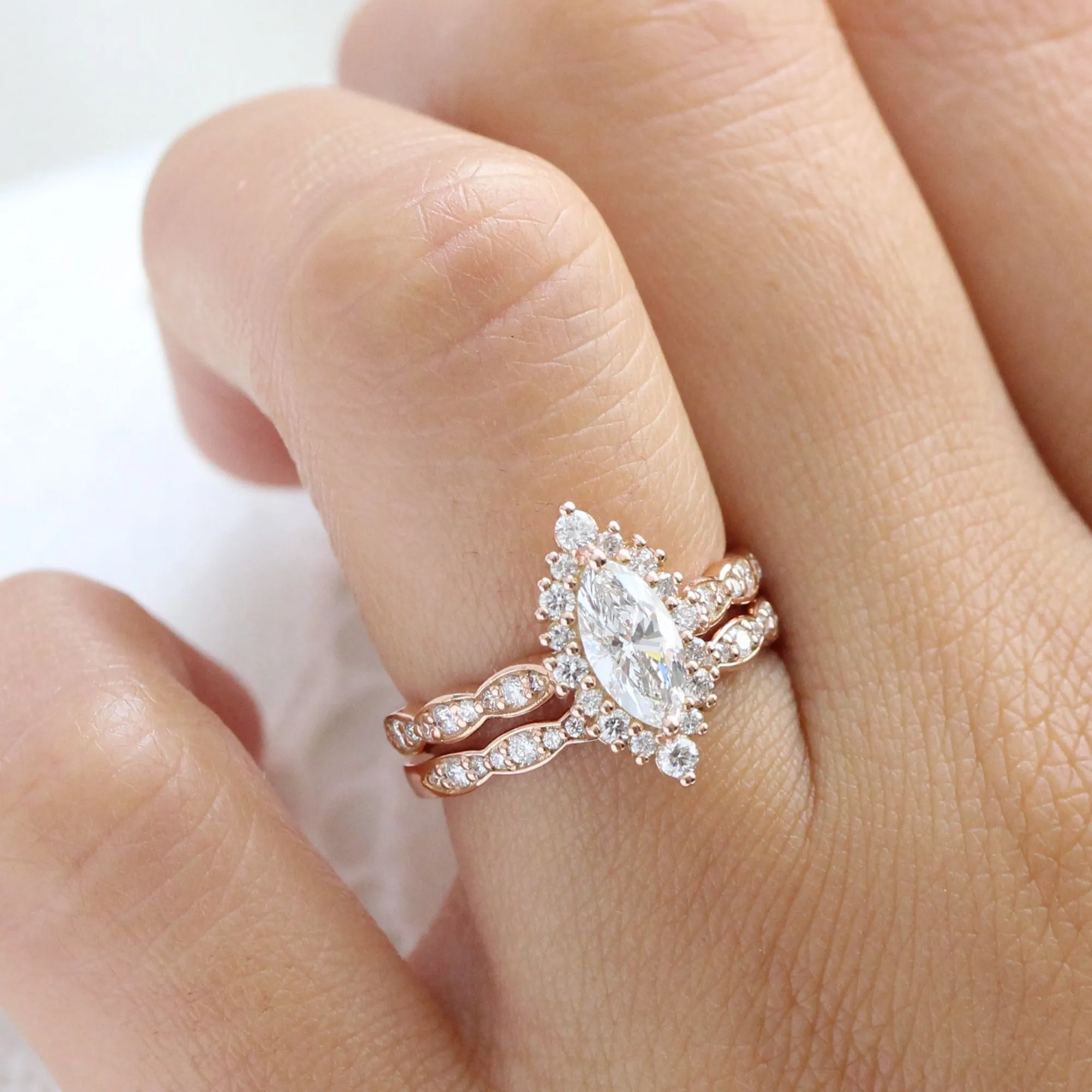 Marquise Diamond Halo Scalloped Ring w/ Lab Diamond and Matching Wedding Band