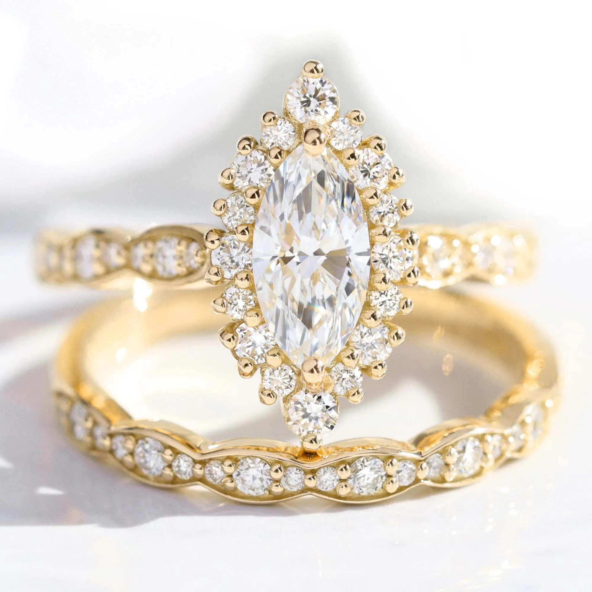 Marquise Diamond Halo Scalloped Ring w/ Lab Diamond and Matching Wedding Band