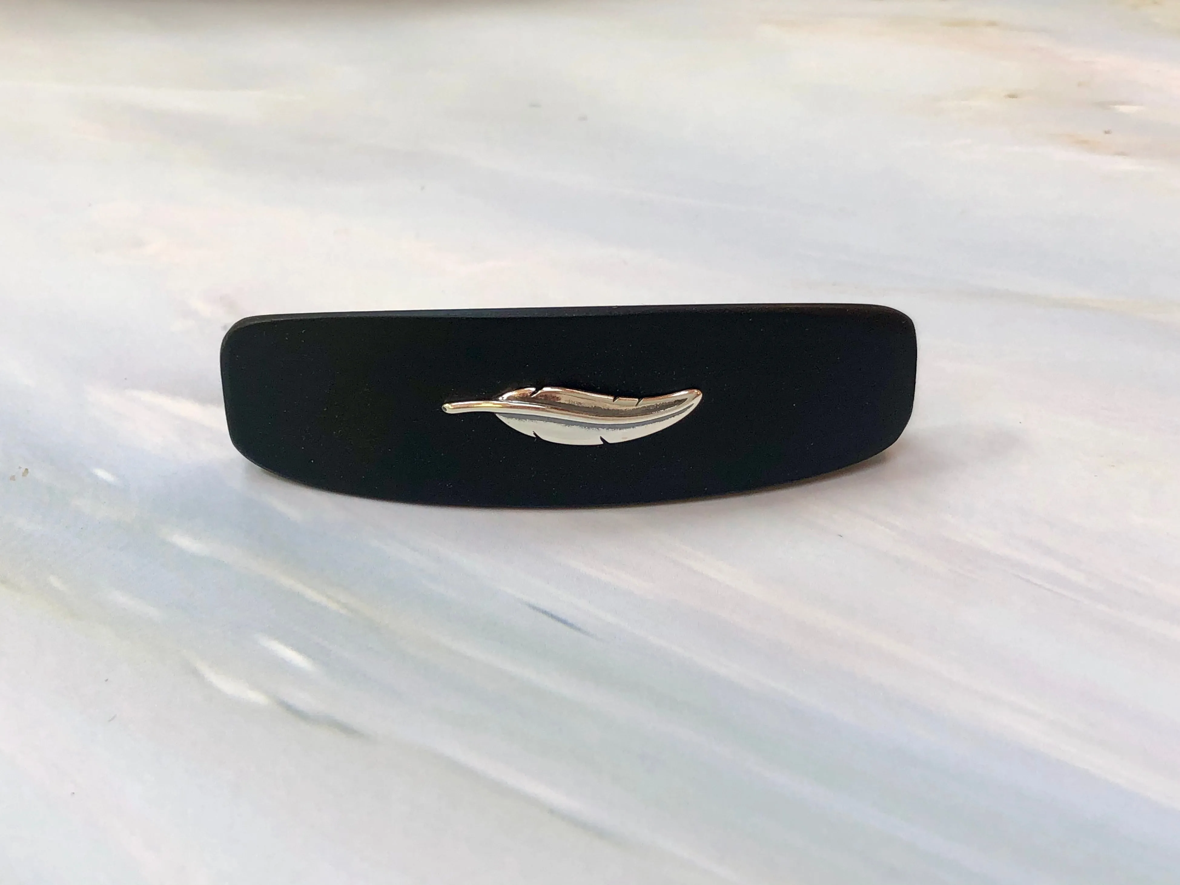 Medium Ebony Feather Barrette, Sterling Silver hair clip wooden barrette