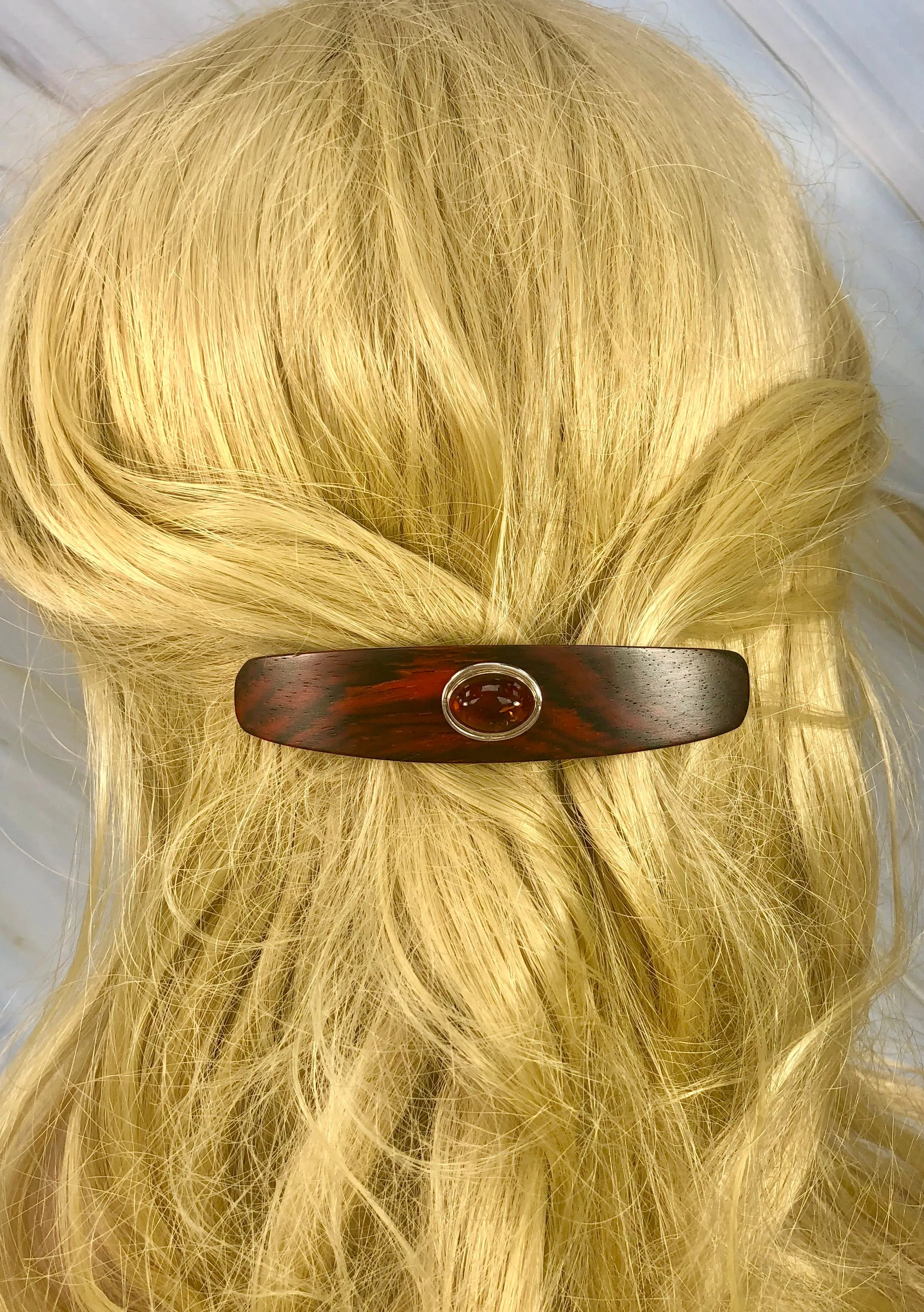 Medium Genuine Baltic Amber barrette, Cocobolo Rosewood Gemstone Barrette