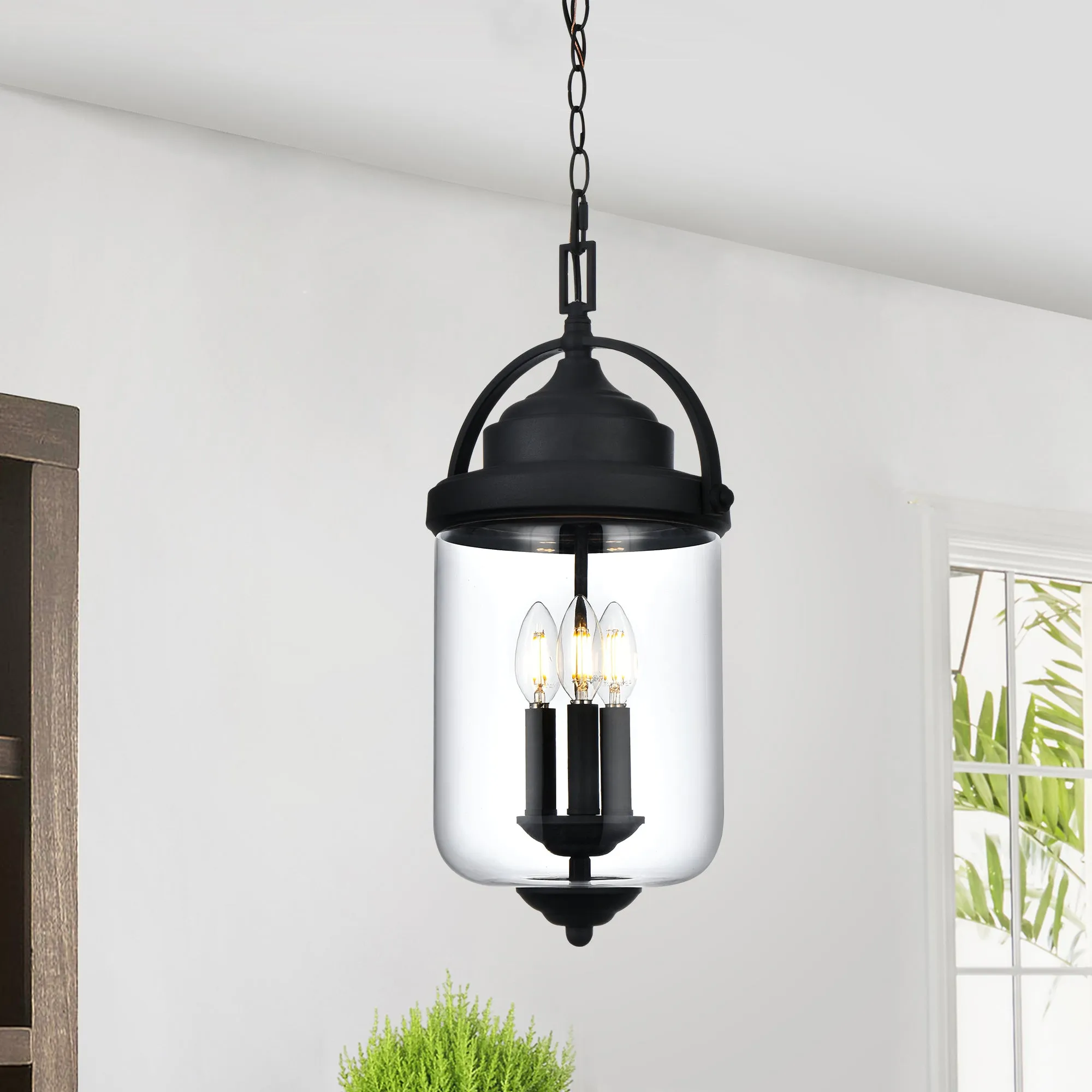 MELUCEE 3-Light Outdoor Pendant Light Fixture in Black with Clear Glass