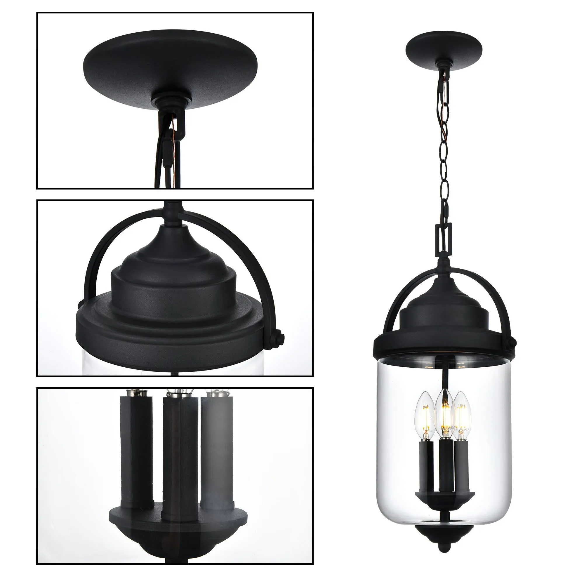 MELUCEE 3-Light Outdoor Pendant Light Fixture in Black with Clear Glass