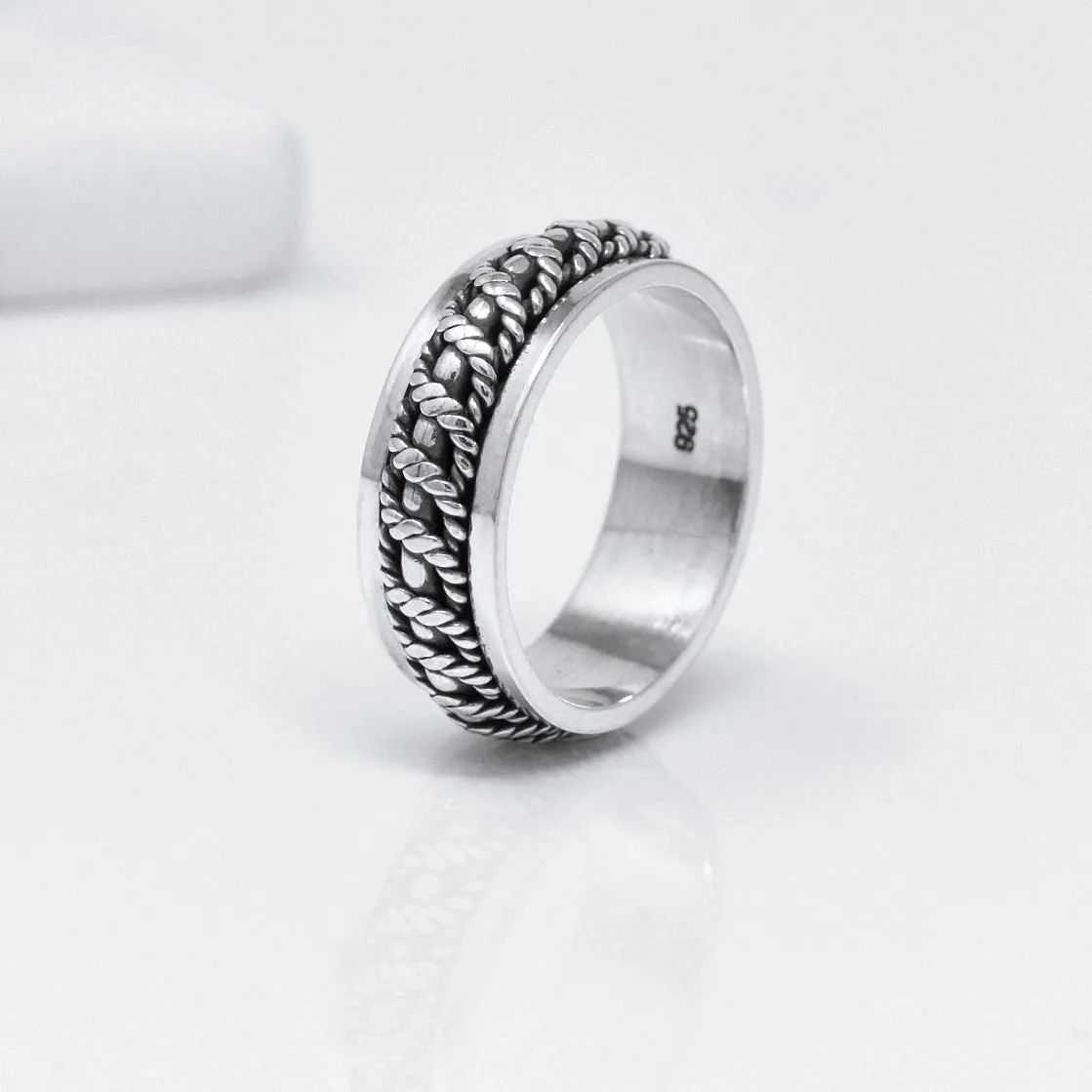 Mens 8.5mm Silver Band Ring Twisted Rope Style Spinning Ring