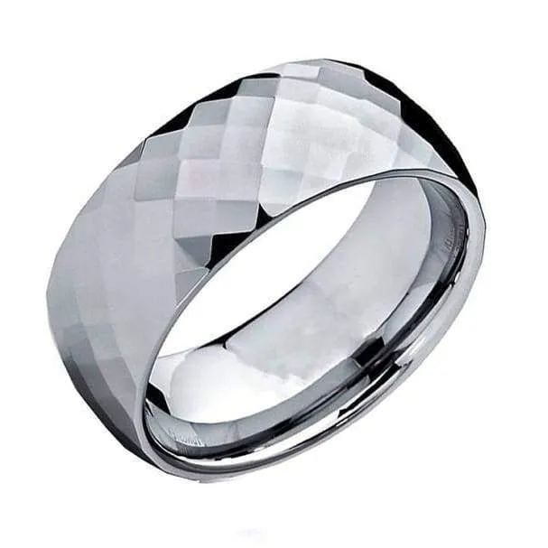 Mens Domed Carbide Tungsten Wedding Ring Diamond Faceted - 8mm