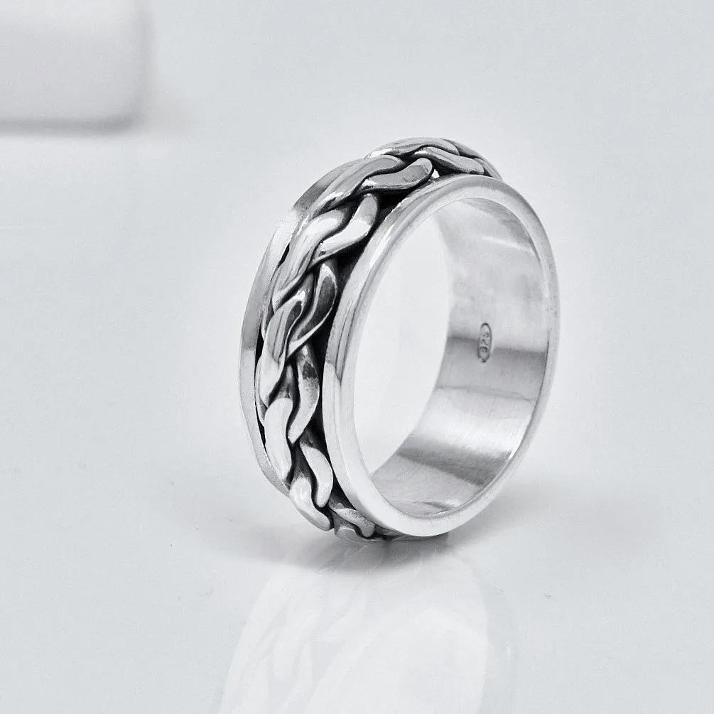 Men's Silver Braided Spinning Stress Relief Ring