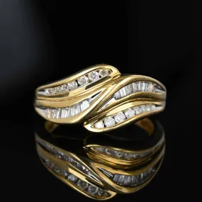 MidCentury Wide Band Brilliant & Baguette Diamond Ring