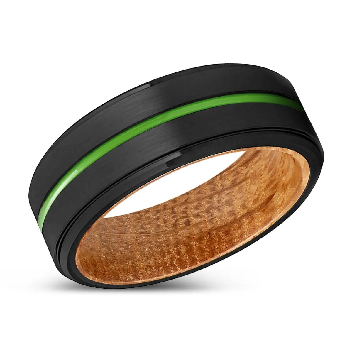 MIDLAND | Whiskey Barrel Wood, Black Tungsten Ring, Green Groove, Stepped Edge