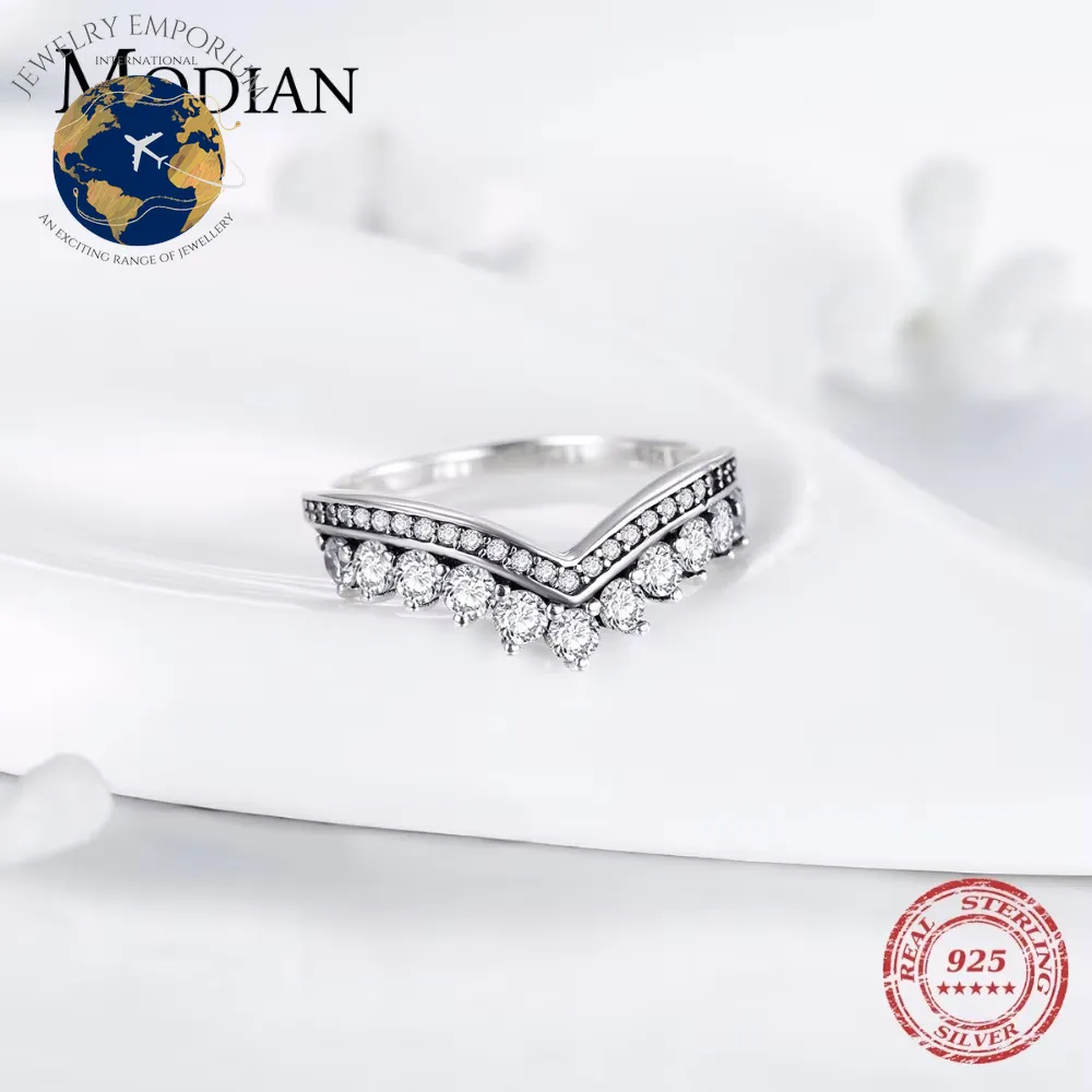 Modian 100% Real 925 Sterling Silver Zircon Crown Stackable Ring - Classic Women's Jewelry for Weddings and Christmas Gifts