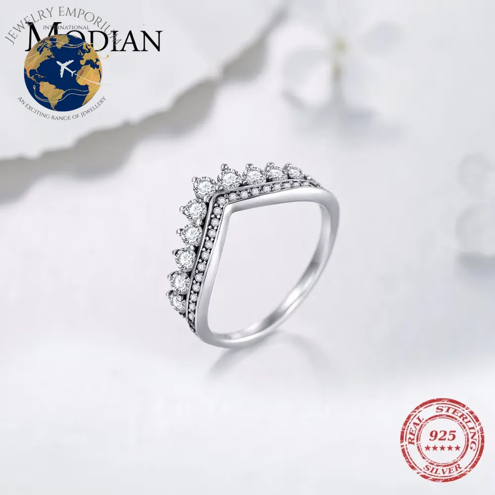 Modian 100% Real 925 Sterling Silver Zircon Crown Stackable Ring - Classic Women's Jewelry for Weddings and Christmas Gifts