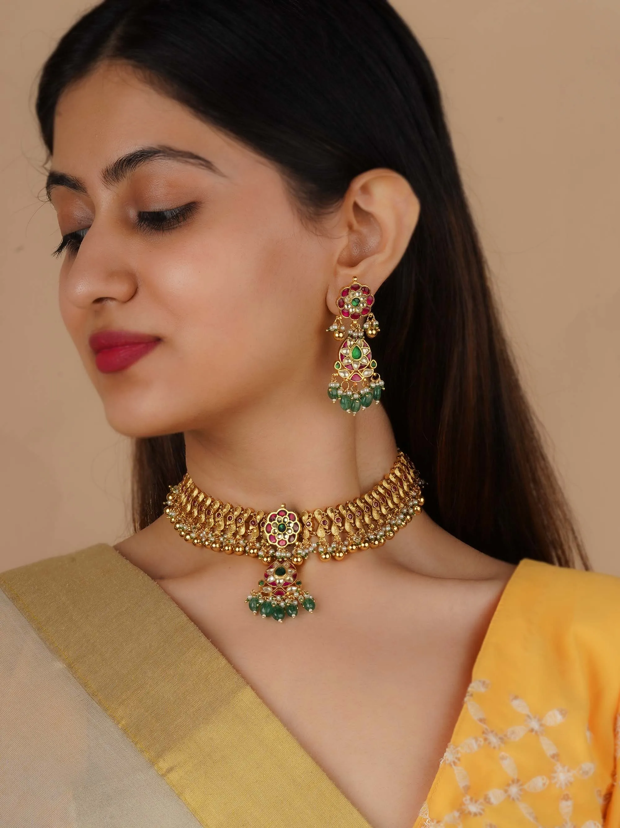 Multicolor Gold Plated Jadau Kundan Necklace Set - MS2272M