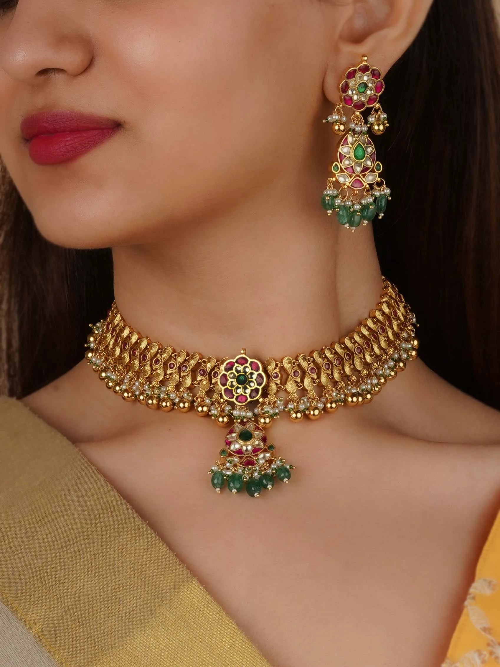 Multicolor Gold Plated Jadau Kundan Necklace Set - MS2272M