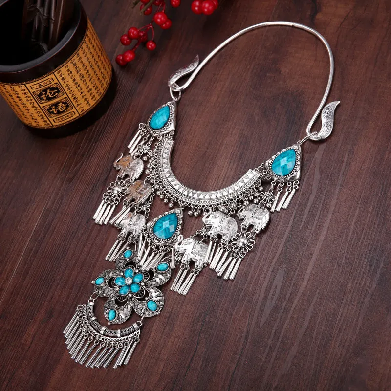 National Style Retro Gem Big Necklace Miao Tassel Necklace ancient silver ornament