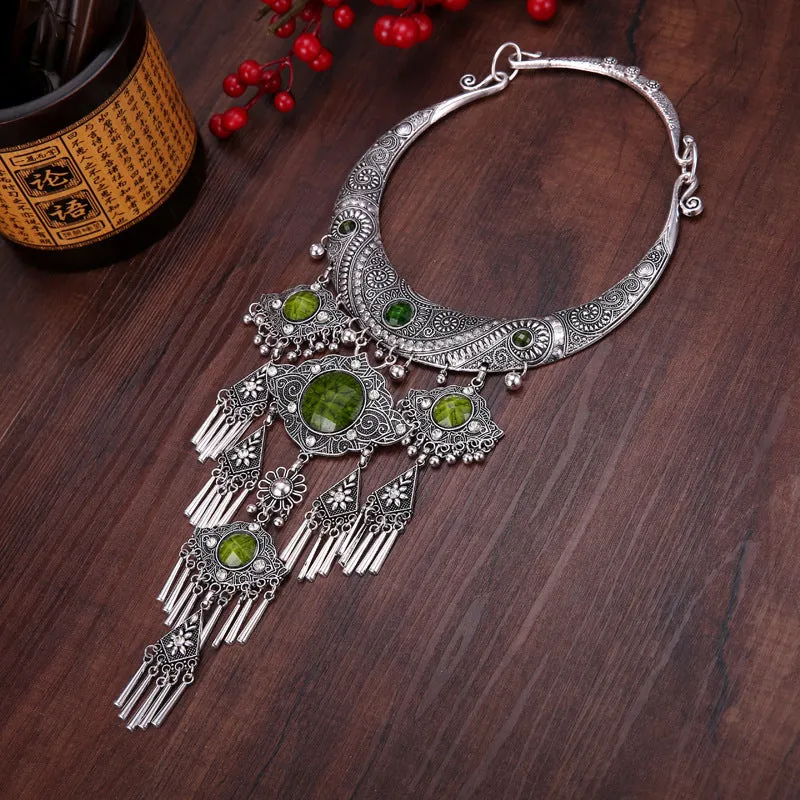 National Style Retro Gem Big Necklace Miao Tassel Necklace ancient silver ornament