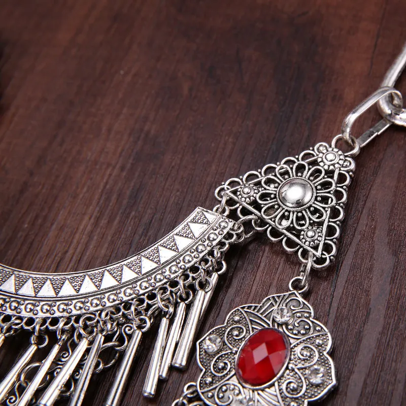 National Style Retro Gem Big Necklace Miao Tassel Necklace ancient silver ornament