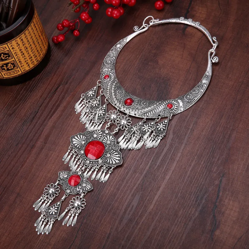 National Style Retro Gem Big Necklace Miao Tassel Necklace ancient silver ornament