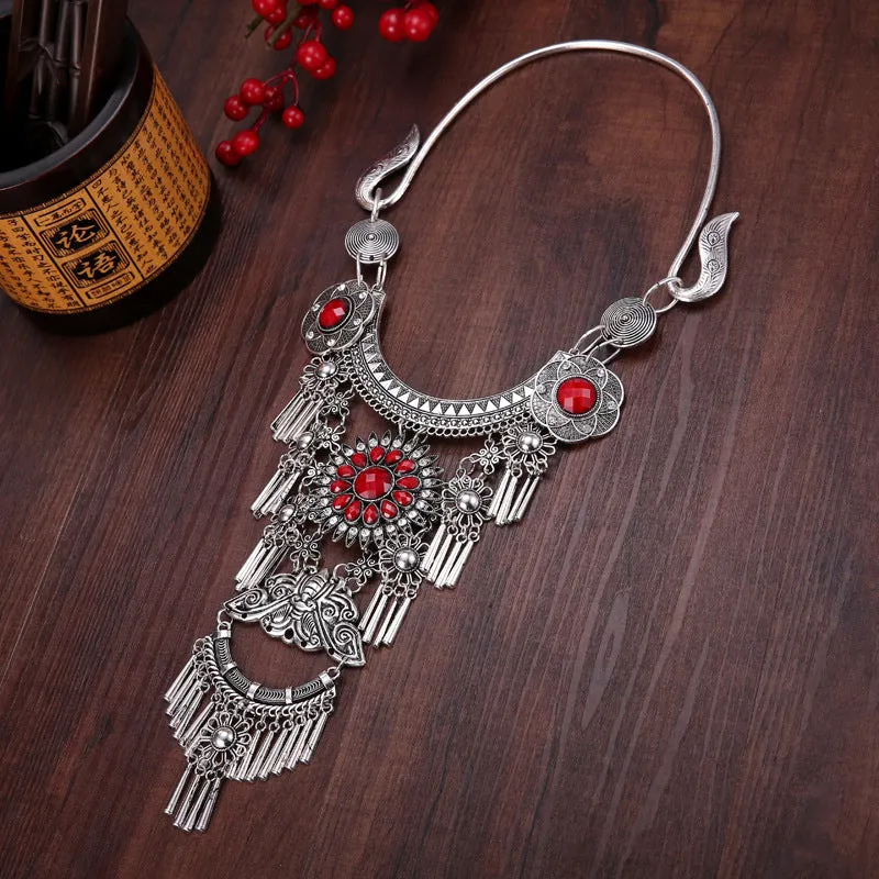 National Style Retro Gem Big Necklace Miao Tassel Necklace ancient silver ornament