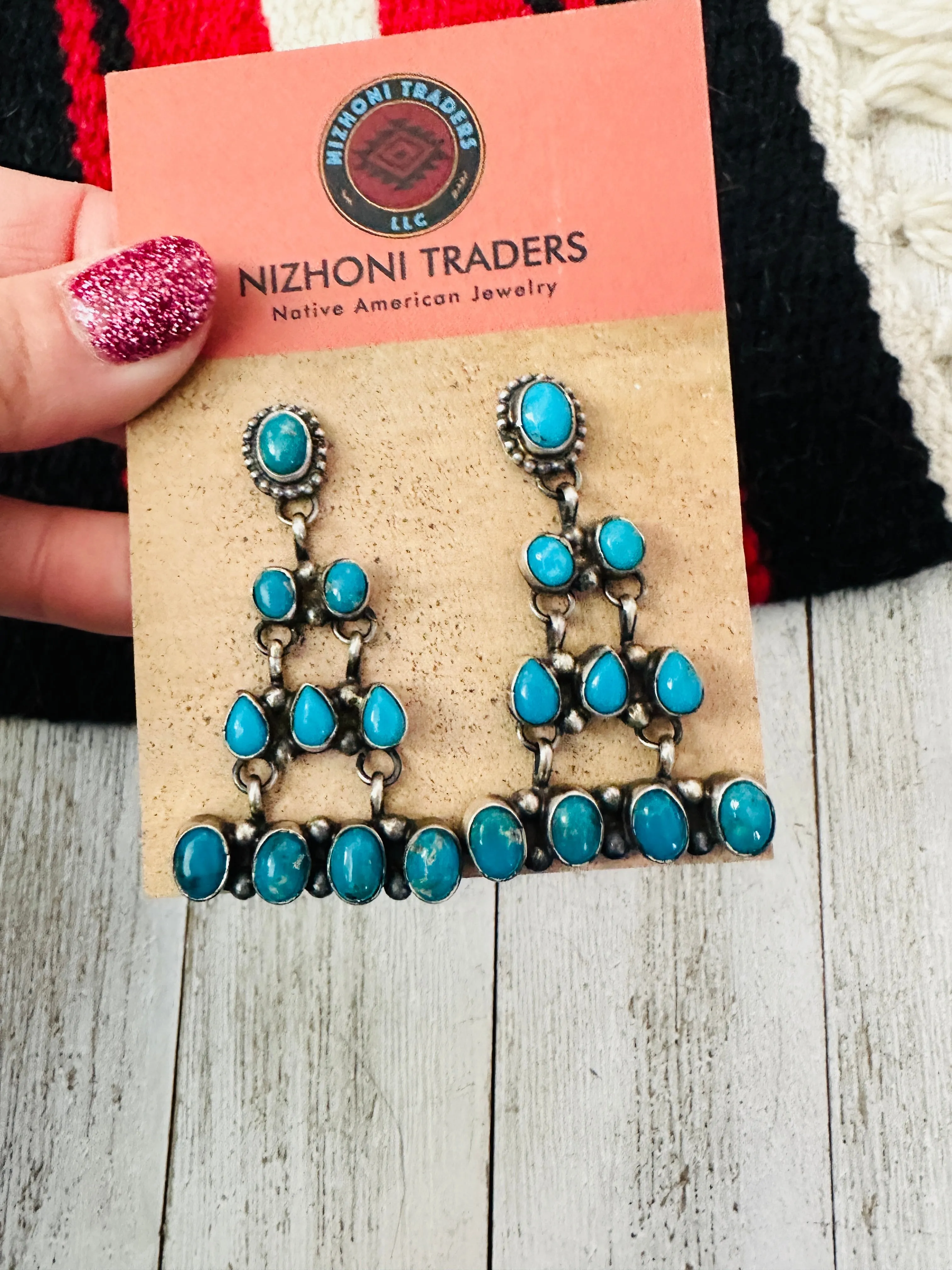 Navajo Sleeping Beauty Turquoise & Sterling Silver Chandelier Dangle Earrings