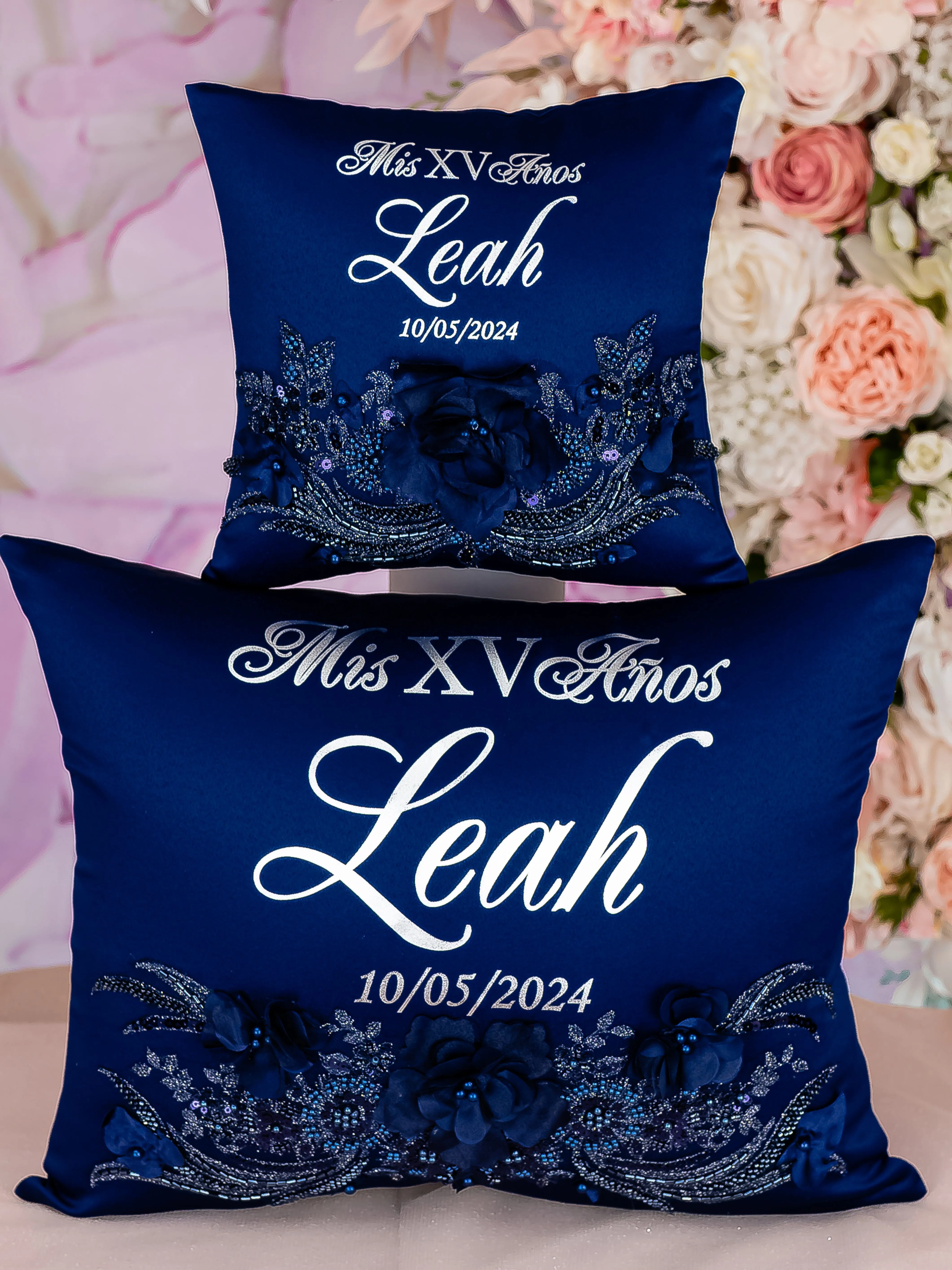 Navy Blue with silver quinceanera pillows set