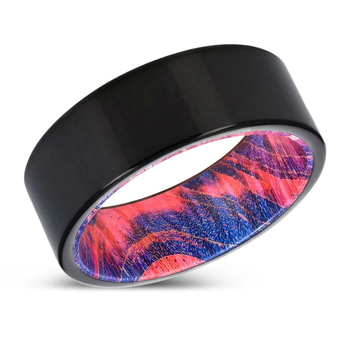 NORBURY | Blue & Red Wood, Black Tungsten Ring, Shiny, Flat