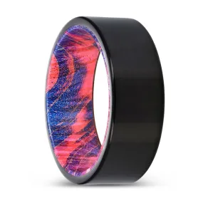 NORBURY | Blue & Red Wood, Black Tungsten Ring, Shiny, Flat