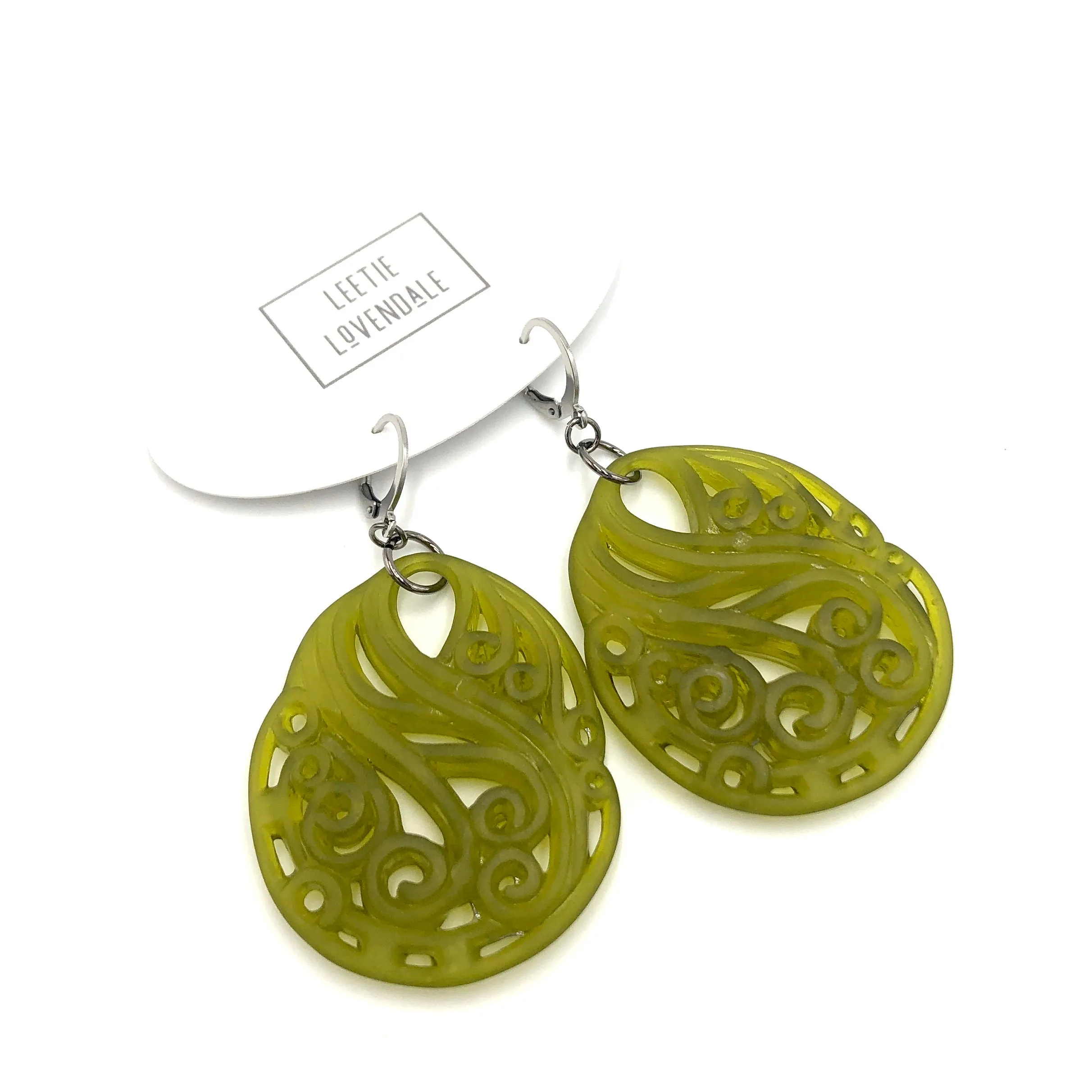 Olive Green Paisley Teardrop Earrings