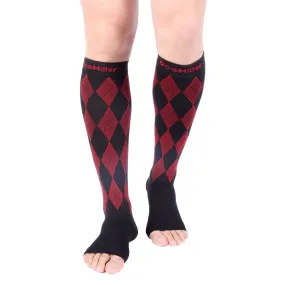 Open Toe Compression Socks 20-30 mmHg Argyle BLACK/RED by Doc Miller