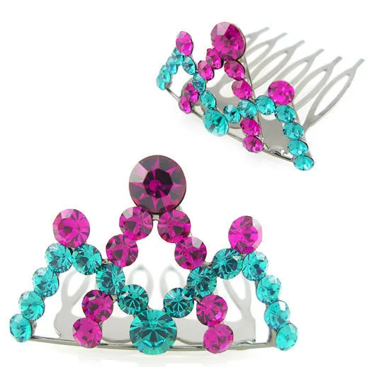 Peacock Blue and Hotpink Swarovski Rhinestone Mini Tiara Comb 1.65" Wide