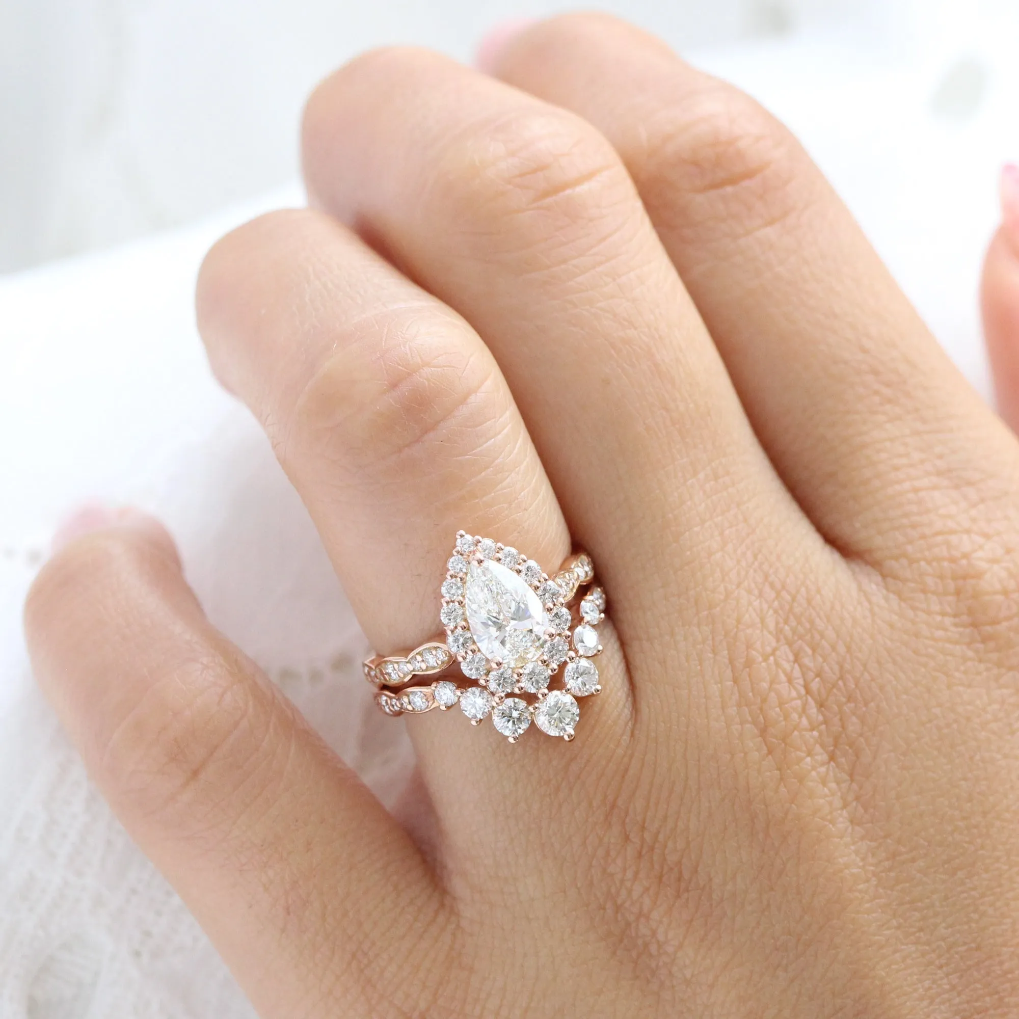 Pear Diamond Halo Scalloped Ring Set w/ Lab Diamond and Large 7 Stone Wedding Band