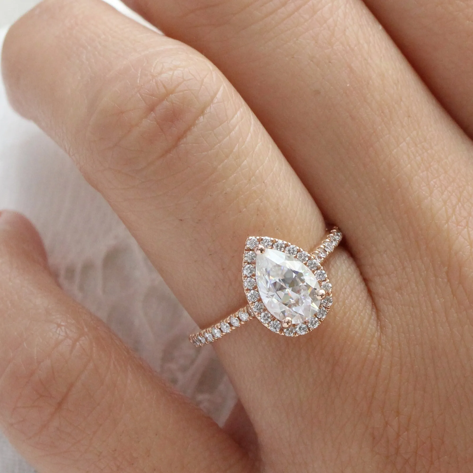 Pear Moissanite Halo Diamond Ring in 14k Rose Gold Pave Band, Size 6.25