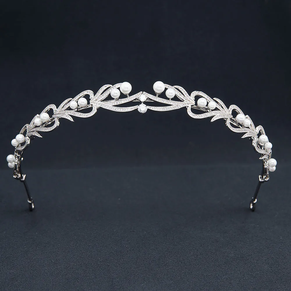 Pearls Cubic Zirconia Leaves Headband,Tiara for Wedding, Head Accessories for Girl CH10399