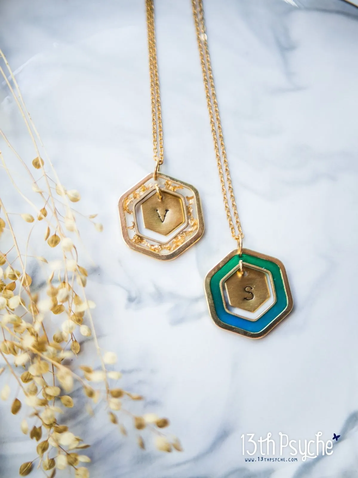 Personalized resin hexagon initial pendant necklace