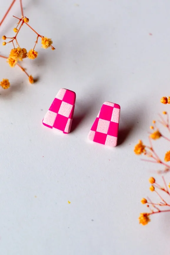 Pink Checker Triangle Stud Earrings