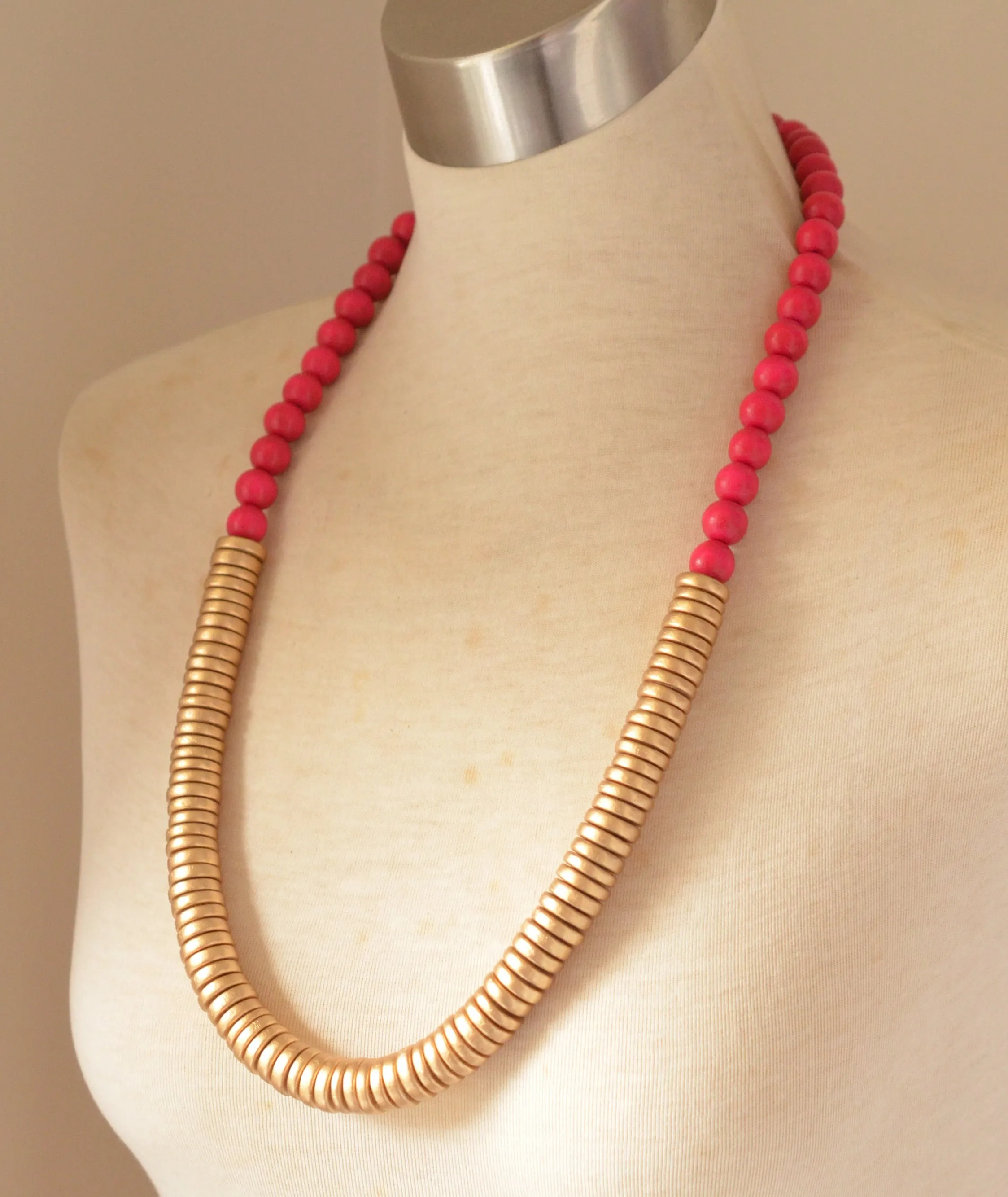 Pink Gold Statement Necklace Wood Bead Necklace Long Beaded Necklace Gifts For Her - Elena