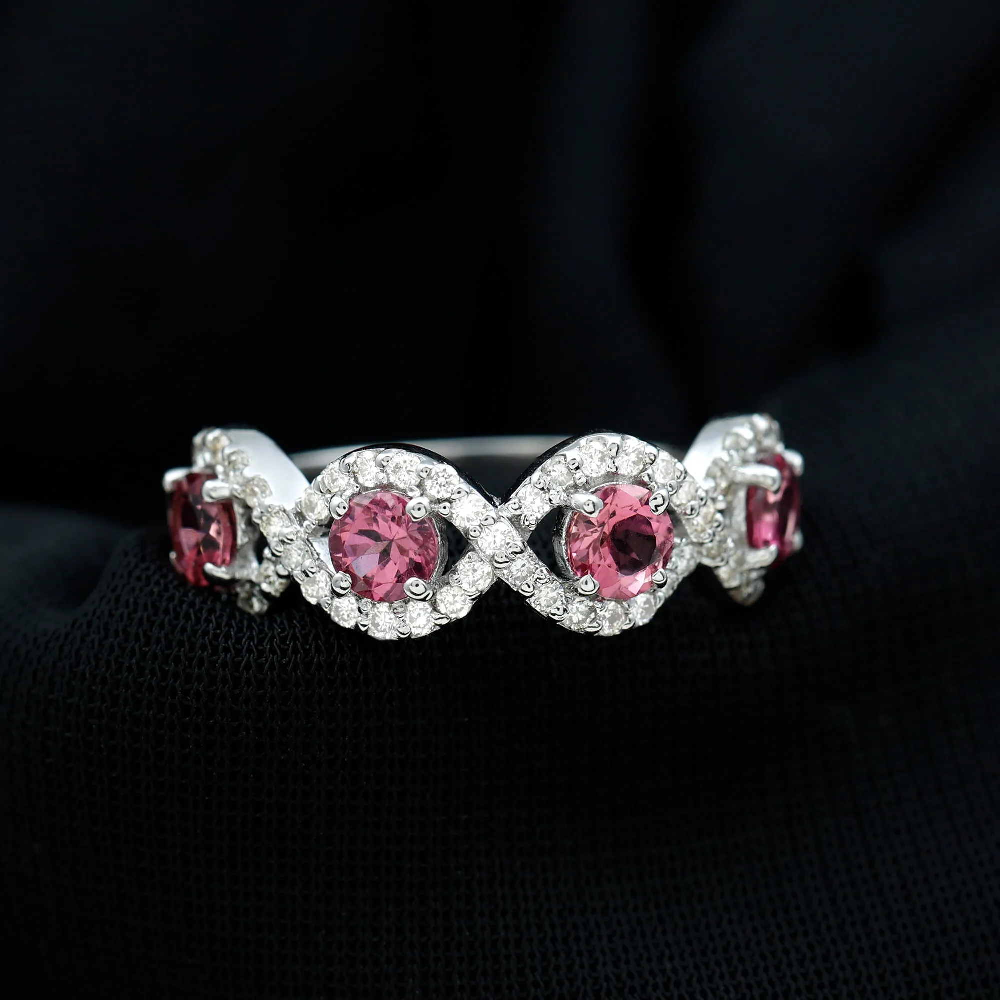 Pink Tourmaline Infinity Half Eternity Band Ring with Diamond