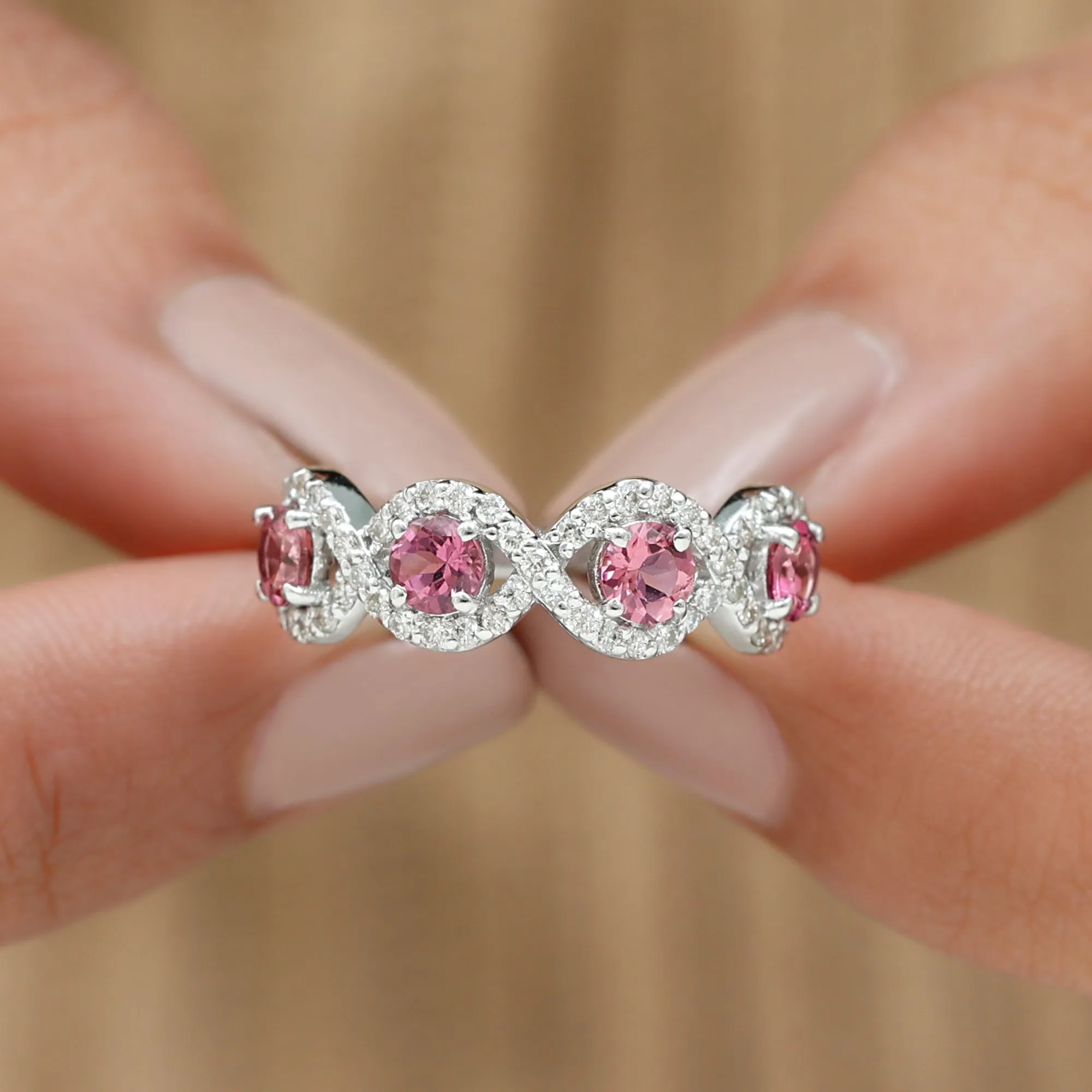 Pink Tourmaline Infinity Half Eternity Band Ring with Diamond